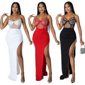 Pense 2023 Celebrity Party Wear Luxo Vestido De Noite Rhinestone Sexy Ver Através Vestido Longo Sem Mangas para Senhoras - Product Image 1