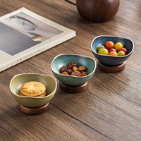 Assiette à dessert en grès réactif avec pied et base en bois d'acacia, 16 cm, 20 cm, plat de service pour gâteaux, fruits, apéritifs, 5 couleurs