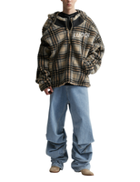 Veste Sherpa de haute qualité avec capuche irrégulière, manteau en polaire OEM, vêtements d'extérieur d'hiver, nouveau design, veste à blocs de couleur à carreaux noirs