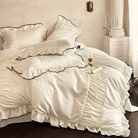 Ensemble de literie en satin crème jacquard 4 pièces, housse de couette en coton et polyester avec volants et bordure noire, literie française