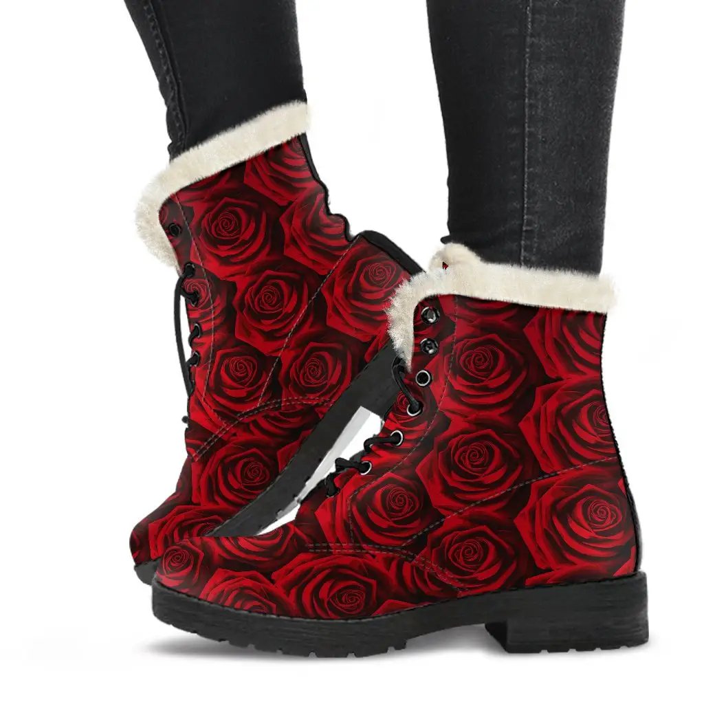 2022 Hot selling Moody Red Roses Vegan Leather Lace up Boots Womens premium fur snow fur snow boots Shoe NO MOQ