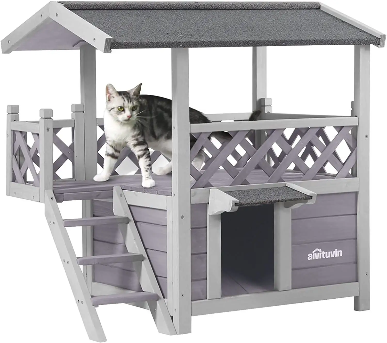 Casa de madera para perros y gatos, casa para mascotas salvajes para interiores y exteriores con escaleras, aislante e impermeable