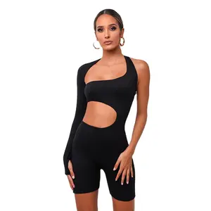 Onregelmatigheid Sexy Fitness Jumpsuit Een Schouder Skinny Bodycon Effen Kleur Vrouwen Bodysuit