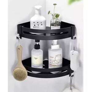 Corner Shower <b>Shelf</b> Black Metal Wall Mount <b>With</b> <b>Hooks</b> For Bathroom Storage - Product Image 5