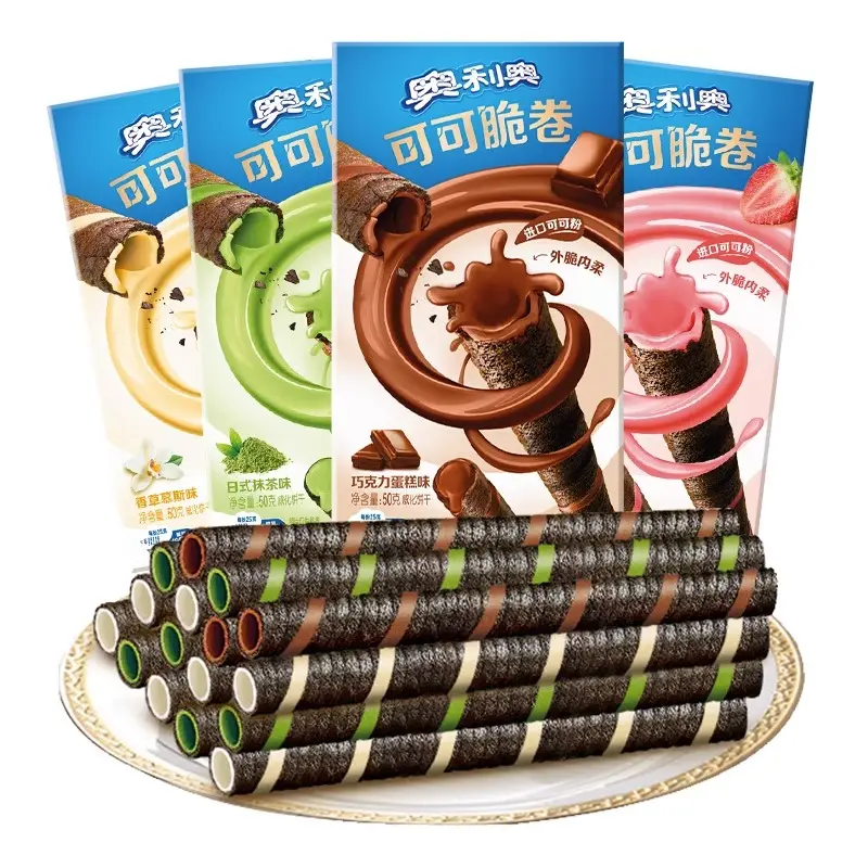 Bán buôn 55g Bánh quy Oreo dâu tây vani Matcha hương vị giòn cứng Wafer CuộN Hộp sô cô la ngọt ngào que Wafer dâu