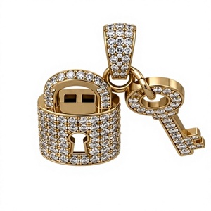 14K Gold <b>Padlock</b> Key Pendant Moissanite Charm Round Brilliant Cut Unisex Jewelry Custom Lock Key Necklace - Product Image 3