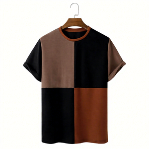 Men's Color Blocked Short Sleeve T-<b>Shirt</b> O-Neck Knitted Regular Fit Casual <b>Patchwork</b> Design Brown Black - Product Image 1