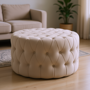 Otomana Redonda Beige con Tapicería de Terciopelo, Asiento Acolchado con Botones, Mueble para Sala de Estar o Entrada D0100XF3T92 - Product Image 2