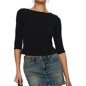 FOXA Top corto de manga 3/4 con cuello barco para mujer, tejido acanalado, corte ajustado, informal, básico, para primavera y verano - Product Image 1