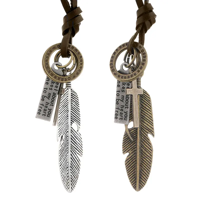 New Hot Sale Accessories Creative Design Feather Necklace Men's Long Chain Adjustable Feather Pendants Leather Necklace