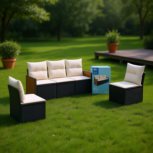 Conjunto de Sofá de Jardín Negro y Crema de 4 Plazas, Muebles de Ratán para Exteriores Resistentes a la Intemperie, Diseño Contemporáneo, Estructura de Madera de Teca - Product Image 2