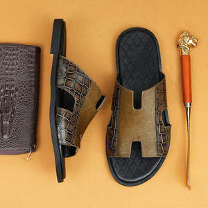 Horsehair Leather <b>Slides</b> Men Open Toe Anti <b>Slip</b> Summer Fashion Sandals Rubber Outsole Genuine Leather Lining - Product Image 5