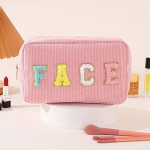 Sac fourre-tout en velours côtelé personnalisé avec logo, pour femme, durable, pliable, portable, à fermeture éclair, tendance, pour voyage, cosmétiques et maquillage brodé - Product Image 1