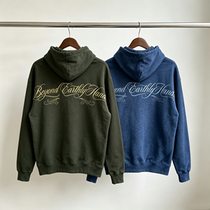 Felpa con Cappuccio OUNA Personalizzata con Logo Stampato sul Retro, Pullover in Pile per Uomo, Lettere Scritte in Stile Vintage Y2K, Blu Oliva - Product Image 2