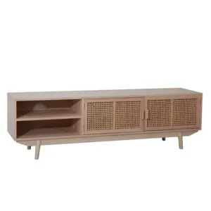 Soporte de TV para sala de estar Mueble de TV de madera con puertas de ratán Centro de entretenimiento con estante Consola de TV de ratán con consola multimedia