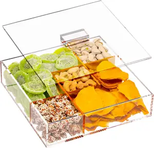 零食服务托盘，带盖，用于坚果和干果，糖果，丙烯酸透明黄金，5个隔层