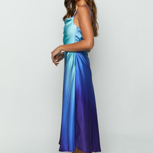 Aschulman Custom Made Midi Backless kraliyet düz renk mavi degrade balo saten Halter boyun kadın elbise için parti seksi - Product Image 4