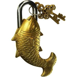 PARIJAT HANDICRAFT beau cadenas en laiton fonctionnel poisson monastère serrure deux clés en laiton massif patine naturelle objet décoratif - Product Image 2