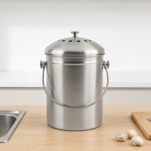 Cylindrical Storage Bucket for Indoor Use Stainless Steel <b>Kitchen</b> <b>Compost</b> <b>Bin</b> with Lid and Handle - Product Image 4