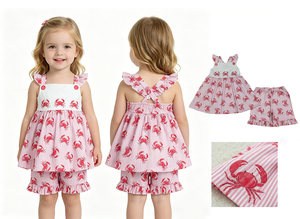En stock, recién llegado: Conjunto de ropa de verano sin espalda con diseño de cangrejo para bebés y niñas pequeñas, venta al por mayor, ropa linda de boutique para bebés y niños. - Product Image 2