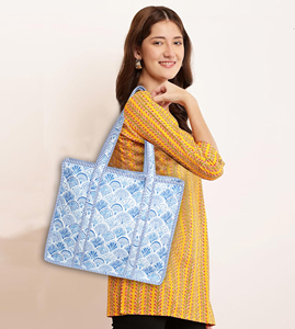 Bohemian Style Handmade Eco-Friendly 100% Cotton Quilted Reversible Tote <b>Bag</b> Zipper Closure Panelled Blue White Summer All - Product Image 4