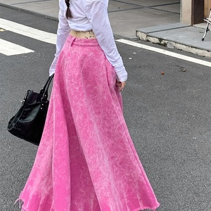 Latest Design Custom Logo Vintage Washed Casual Denim Skirt Pink Color Women Long <b>Jean</b> Women <b>Jean</b> Skirts - Product Image 4