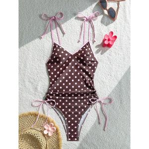 FOXA Women's One Piece Swimsuit Polka Dot V <b>Neck</b> <b>Tie</b> Strap Monokini Swimwear Stretch Drawstring - Product Image 4