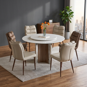 Modern Round Stone <b>Dining</b> <b>Table</b> Set with Rotatable <b>Top</b> 6 Seats Minimalist Design Durable Waterproof Hotel Use - Product Image 4