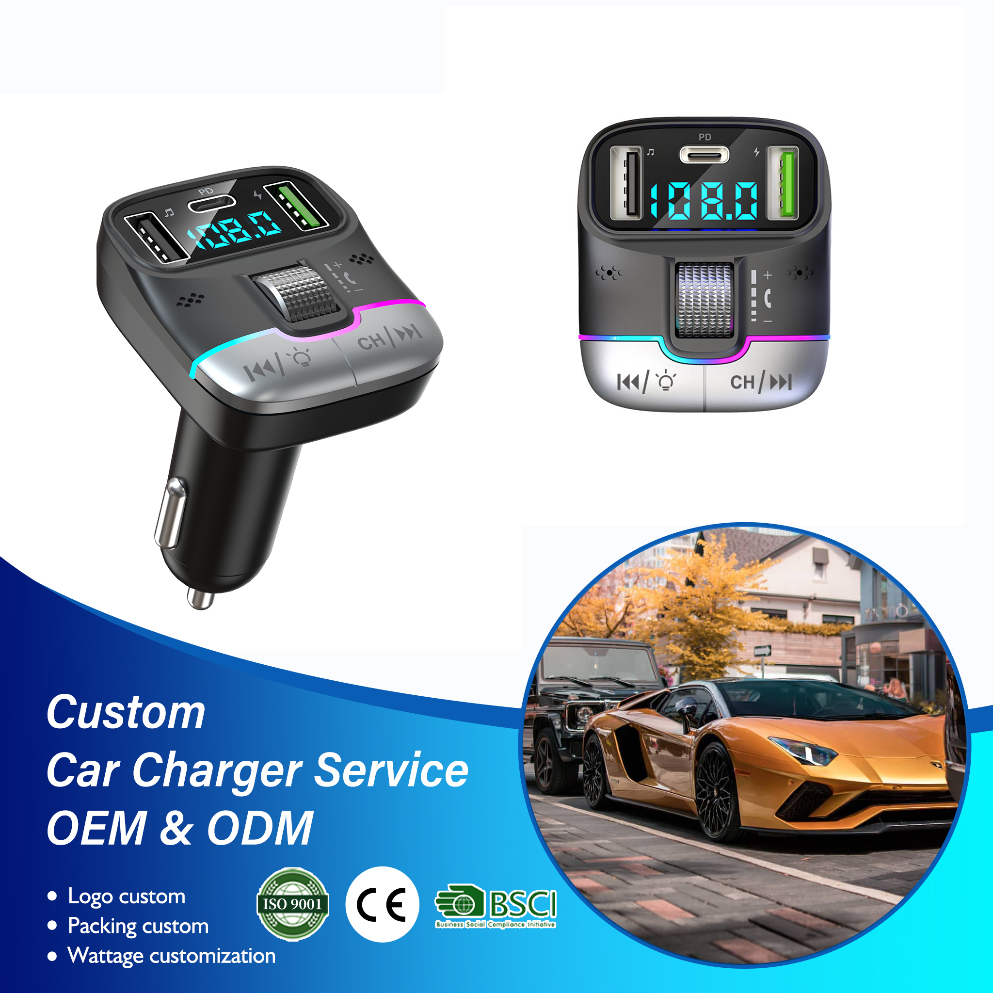cigarette lighter car mp3 fm Xtreme Bluetooth Transmitter for Lighter, Hand Free Call with Built in Noise Canceling Microphone & Answer/Hang-up Button, USB-A, USB-C, Flash Drive Ports, 8 LED Modes : Electronics WMA Frequency (silver black) Car FM Transmitter