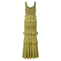 Robe longue à bretelles en tricot crocheté à volants superposés pour femme, design ajouré, froncée, pour le quotidien et le bureau