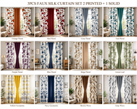 Lot de 3 rideaux imprimés en fausse soie avec 2 rideaux à motifs et 1 rideau uni pour salon, chambre et décoration intérieure
