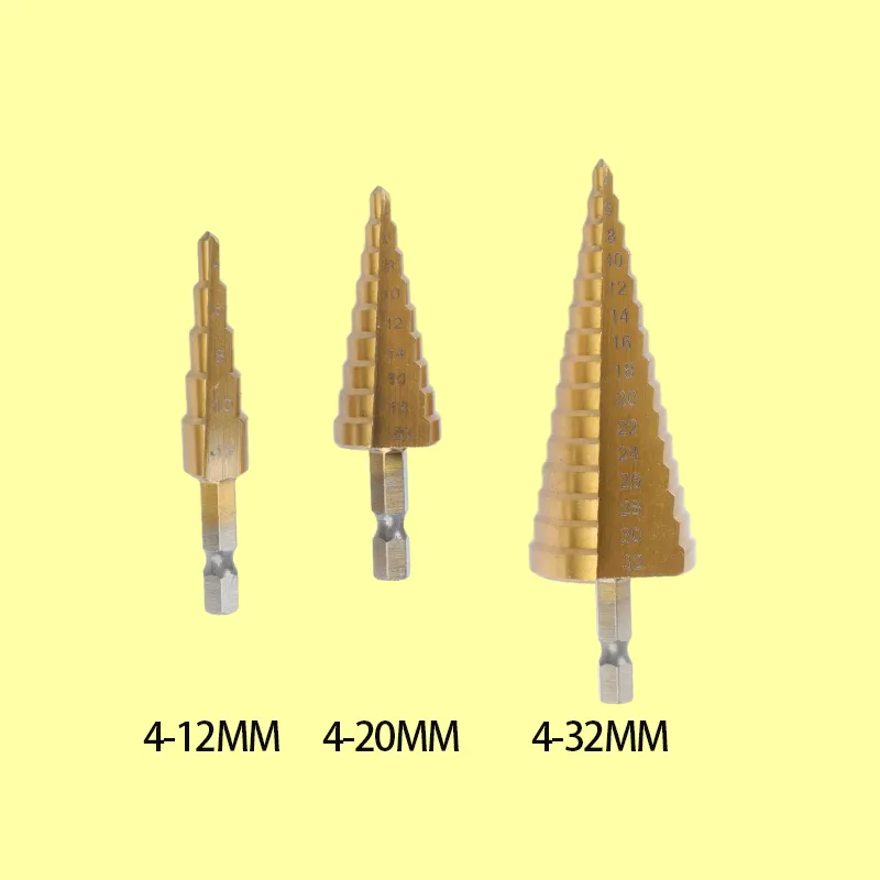 Hss六角シャンクチタンTiコーティングスパイラル直溝ステップドリルビット4-12Mm4-20Mm4-32Mm