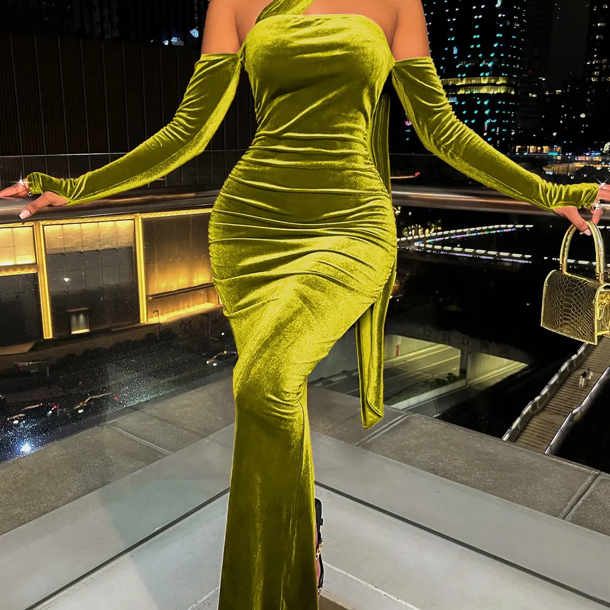 2024 नवीनतम कस्टम महिला सुरुचिपूर्ण मखमली लंबी शाम पार्टी ड्रेस लंबी आस्तीन बॉडीकॉन सुरुचिपूर्ण सेक्सी डिनर पार्टी ड्रेस