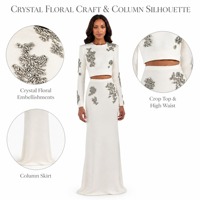 Robe de soirée deux pièces ornée de cristaux ivoire pour femme, haut court et jupe colonne, manches longues, pour mariage ou cérémonie, fabrication OEM ODM directe usine
