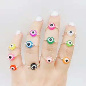 Handmade bohemian copper wire rings jewelry colorful acrylic resin turkish evil eye beaded rings