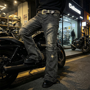Jeans évasés noirs personnalisés Yaolin pour hommes, <span class=keywords><strong>en</strong></span> denim <span class=keywords><strong>déchiré</strong></span> de poids moyen, avec boutons à nœud, fermetures éclair et languettes latérales, service OEM, MOQ - Product Image 2