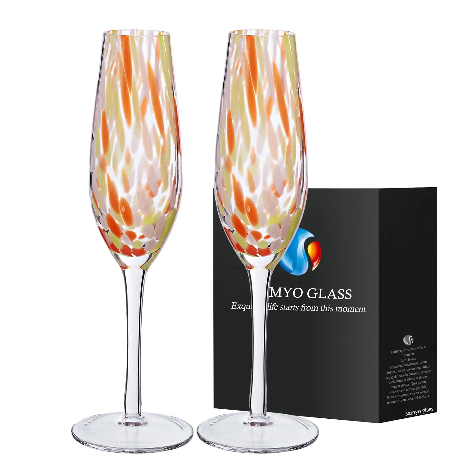 Samyo lüks özel logo renkli nokta kristal cam goblets düğün hediye kutusu ile şampanya bardakları flüt