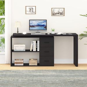 Home corner office <b>computer</b> <b>desk</b>, student study <b>desk</b>, black rectangular table with storage drawers - Product Image 3