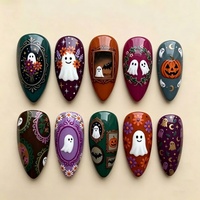 30 Pièces de Faux Ongles Portables en Forme d'Amande, Plaqué Or, pour Halloween, avec Motifs Fantômes, Citrouilles, Fleurs et Pois, au Design Exquis, Mignons et Tendance, pour le Marché International