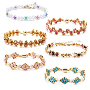 Bohemian Adjustable Handmade Colorful Rhombus Flower Miyuki Seed Beads Pearl Bracelet For Women
