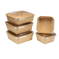 Conteneur alimentaire en papier kraft à fond plat carré avec couvercle en PET, bol à salade à emporter, boîte à lunch écologique pour la restauration