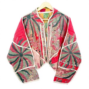 Veste Kantha faite à la main 100% coton, patchwork multicolore, broderie, manches chauve-souris, devant ouvert, style Prairie Chic, été, pour femmes - Product Image 1