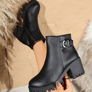 Bottes à talon carré en similicuir noir pour <span class=keywords><strong>femme</strong></span>, vente en gros d'usine - Semelle plateforme avec fermeture éclair latérale en métal - Product Image 2