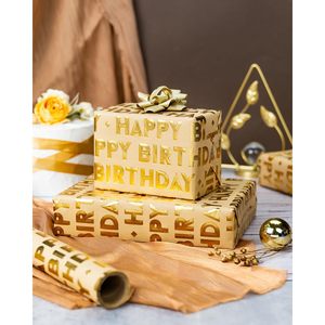 Homeral 3D Kraft Birthday <b>Wrapping</b> <b>Paper</b> Roll 17 Inch X 16.5 Feet Gold Metallic Happy Birthday Letters Recyclable Gift Craft - Product Image 3