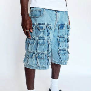 Heavyweight Blue Vintage Acid Wash <b>Jeans</b> <b>Shorts</b> Multi Pockets Custom logo Blank Streetwear Hip Hop Cargo Denim <b>Jeans</b> <b>Shorts</b> Men - Product Image 1
