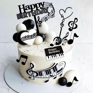 Ensemble de décorations de gâteau sur le thème de la musique monochrome avec notes, touches de piano et boules pour les fêtes d'<span class=keywords><strong>anniversaire</strong></span> sur le thème du rock and roll - Product Image 1