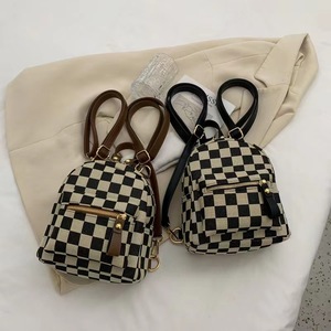 Wholesale Canvas Black and <strong>White</strong> Check Small <strong>Mini</strong> <strong>Backpack</strong> for Girls <strong>Mini</strong> Leather Straps - Product Image 2