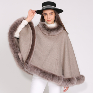 Damen Design Wolle <span class=keywords><strong>Cape</strong></span> Mit Pelz Großhandel Braun Damen Double Face Real Fox Pelz besatz Kaschmir <span class=keywords><strong>Cape</strong></span> Frauen