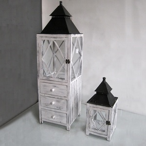 S/2 Shabby Chic fait à la main <span class=keywords><strong>grande</strong></span> <span class=keywords><strong>lanterne</strong></span> à bougie blanche extérieure intérieure <span class=keywords><strong>en</strong></span> <span class=keywords><strong>bois</strong></span> avec tiroir - Product Image 2