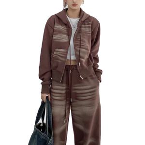 Pantalon de survêtement décontracté pour homme, taille haute, coupe ample, effet délavé, style vintage, couleur cendré, avec sweat à capuche court et pantalon boyfriend décontracté – Vente en gros - Product Image 2